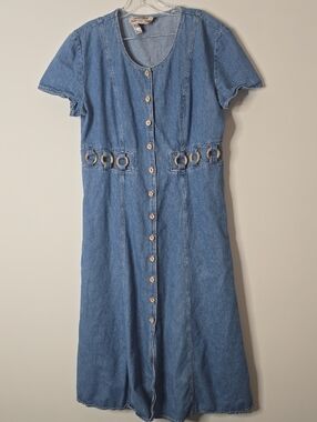 Vintage 90's Denim Button-Front Midi Dress with Ring Detail – Boho Cottagecore